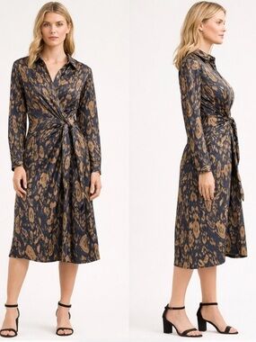 Olivia + James Twist-Front Midi Shirt Dress in Navy and Brown